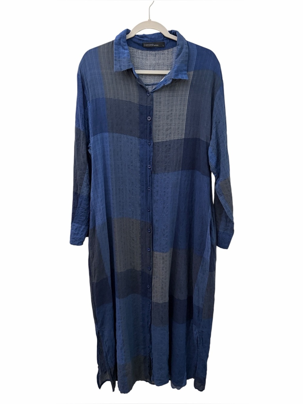 Zanzea Coastal Lagenlook Blue Patchwork Print Button-Front Long Shirt Dress LG